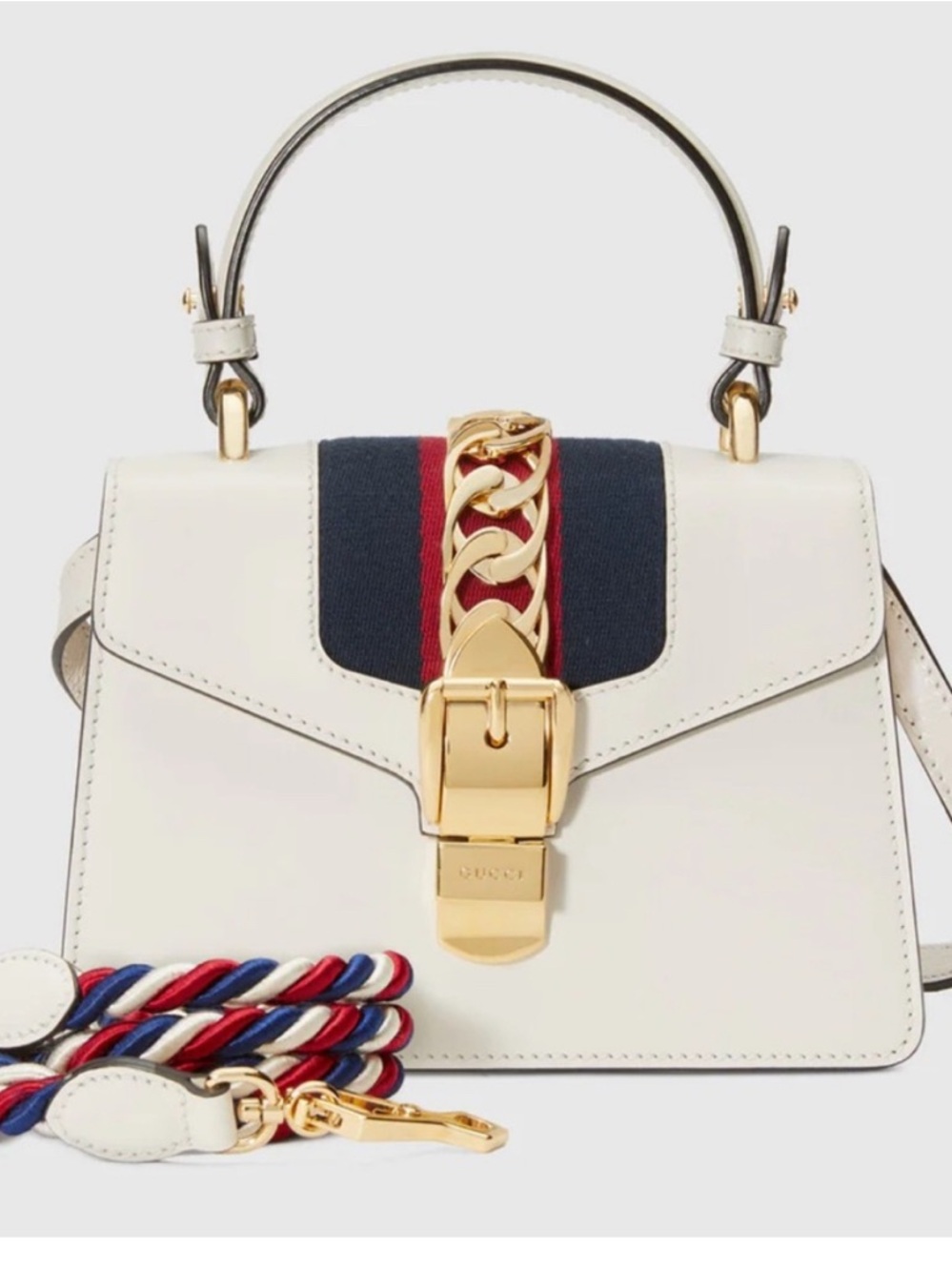 Gucci Mini White Leather Top Handle Sylvie Crossbody Bag